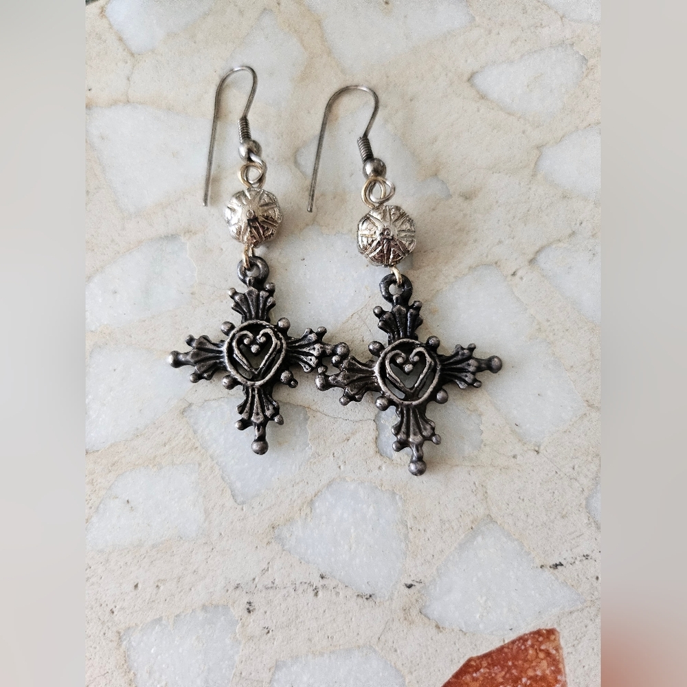 Vintage Cross with Heart Dangle Earrings♡